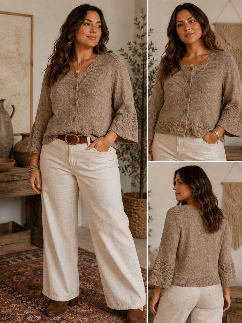 Vintage Jenny XL Oatmeal Grandpa Cardigan Bell Sleeve Textured Knit Y2K
